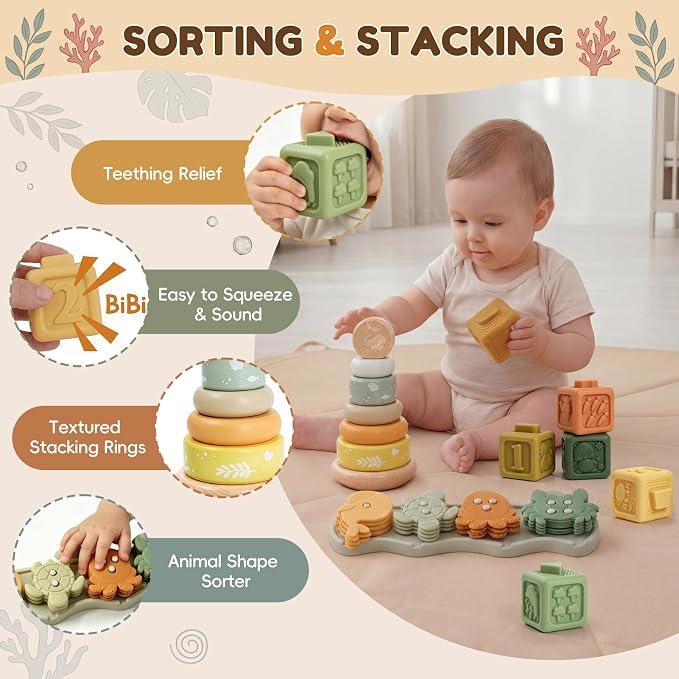 Baby Toys for 6-12 Months, Montessori Toys for Babies 6 Months+ | Shape Sorter, Stacking Rings, Sensory Baby Blocks, Educational Montessori Toys for 6+ Months, Neutral Baby Birthday Gift Set