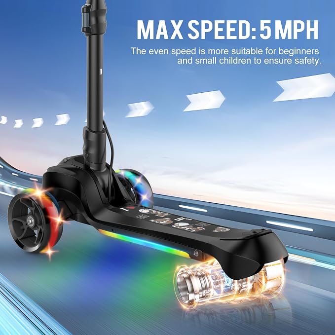 Electric Scooter for Kids Ages 3-8, 3 Wheels Electric Scooter, Electric Kick Scooter with 2 Speeds, Long Battery Life, Flashing LED Wheels, Adjustable Height, B2 with Bluetooth Music for Boys/Girls