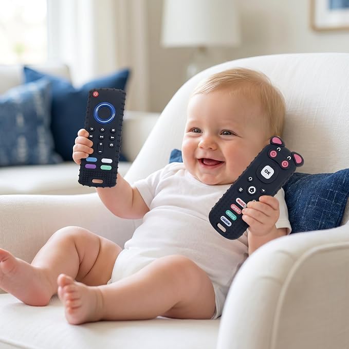SOLIFEGOBLE 2 Pack Silicone Teething Toys, Cute Pig-Shaped Remote Control Style Teethers for Babies 6-18 18-24 Months, BPA-Free Soft Chew Toys for Teething Relief (Black)