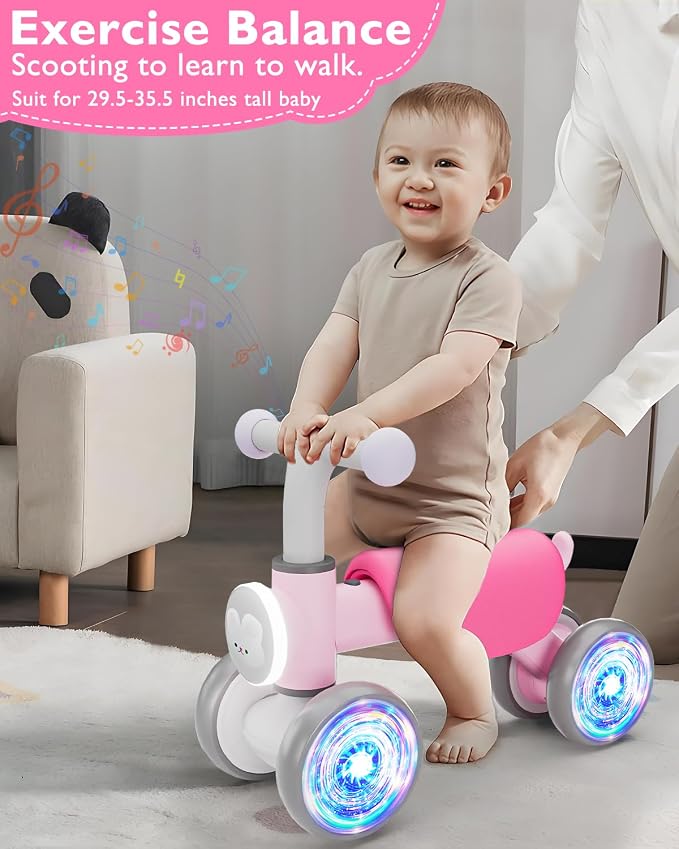 Balance Bike Toddler Outdoor Toys for 1 2 Year Old Girl Birthday Gifts | Baby Shower Gifts 4 Wheels Colorful Lighting Baby Bike with Music Ride On Toy for 1 2 Year Old