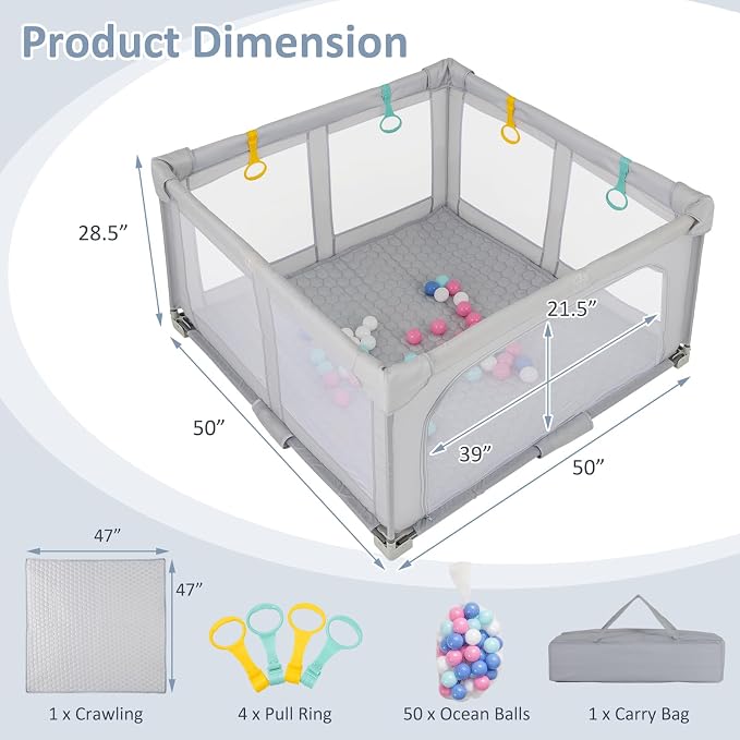 INFANS Foldable Baby Playpen with Mat, 50” x 50” Large Baby Play Yard for Infant with 50 Ocean Balls, 4 Handlers, Carry Bag, Indoor Outdoor Fence Toddler Activity Center (Gray, 50” x 50”)