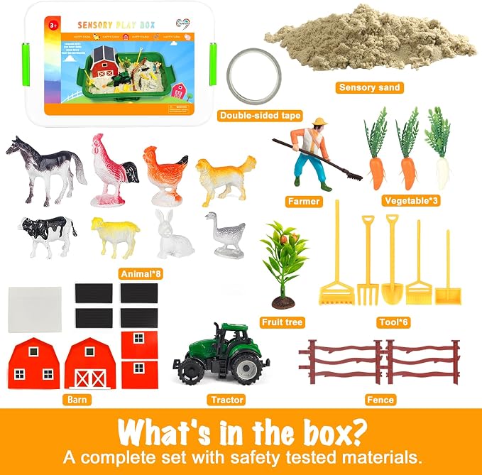 Carolart Farm Sensory Bin with Sensory Sand, Barn Toys & Tractor | Farm toys with farm animals, sensory toys for toddlers, gift for boys and girls ages 3-8