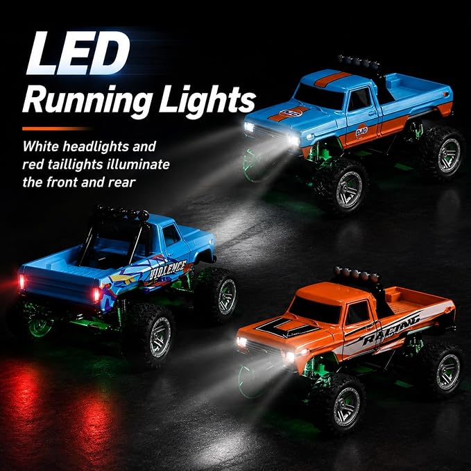 1:64 Scale Mini Remote Control Monster Truck with Trailer | 2.4GHz & App Dual Control, Alloy Mini RC Car with LED Lights, Portable Pocket Toy Car for Kids & Adults, Gift for Boys (Blue-b)
