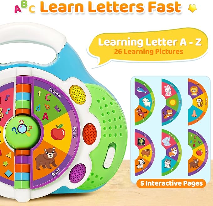 BainGesk Learning Toys for 1 2 3 Year Old Boys Girls, Musical Alphabet Flip Toys with Sound and Light, Educational Toys for Toddlers, Christmas Birthday Gift for Baby