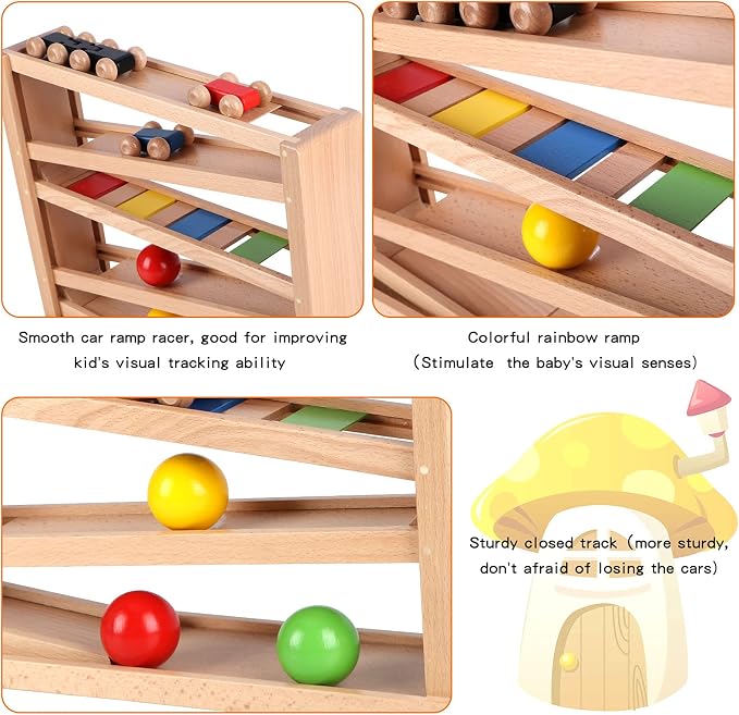 Qilay Wooden Race Track Car Ramp Racer Toy for Toddlers, 5 Level Race Car Ramp Toy Set Includes 4 Wood Cars and 3 Balls,Great Building Learning Toys or 3+ Years Old Boy and Girl