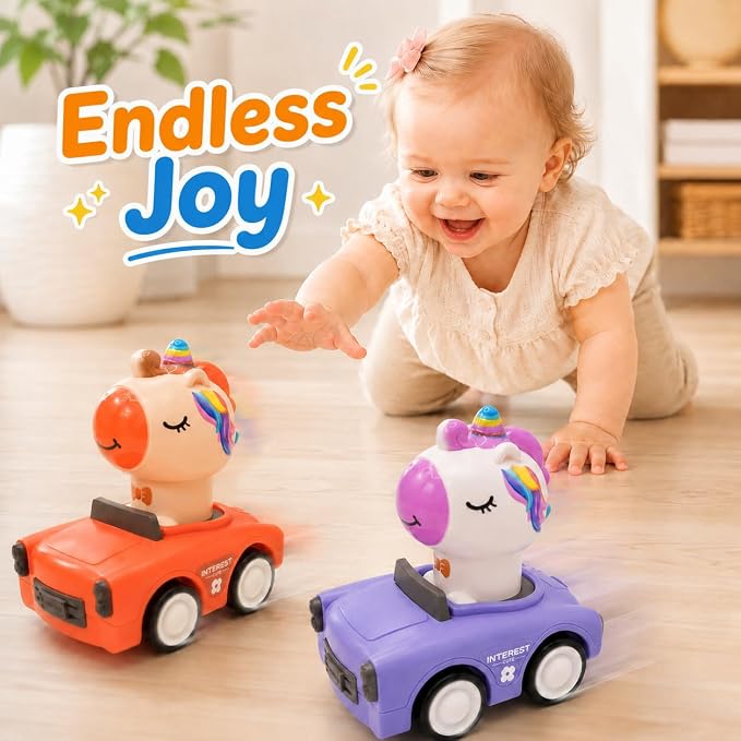 Press and Go Car Toys for Toddler Girls 1-3, 4 Pack Unicorn Vehicles | 4 colorful unicorn cars for toddler girls, press-and-go play, sharing races, birthday gifts, and screen-free floor fun