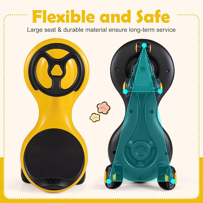 BABY JOY Wiggle Car for Kids, Swing Car with LED Flashing Wheels, No Batteries, Gears or Pedals, Uses Twist, Turn, Wiggle Movement to Steer, Ride-on Toy for Boys Girls 3 Year Old and Up (Yellow)