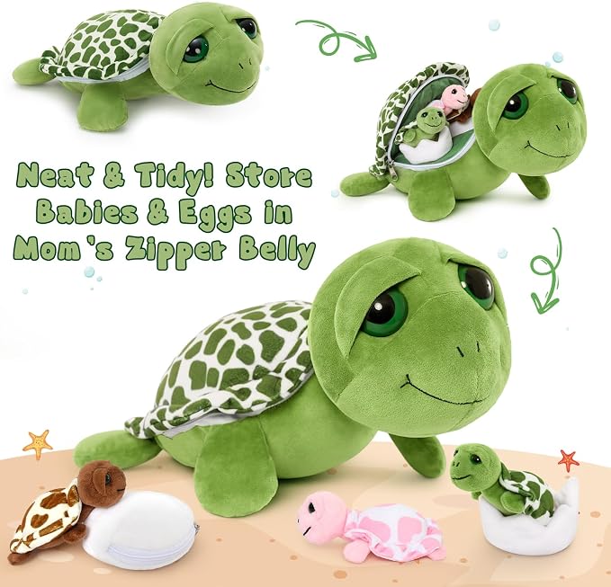 6Pcs Sound Turtle Plush Toy, 14" Talking Mother Turtle Stuffed Animal with 3 Baby Tortoise & 2 Eggs, Stuffed Educational Sea Creature for Kids, Ocean Plushies Gift for Birthday Christmas