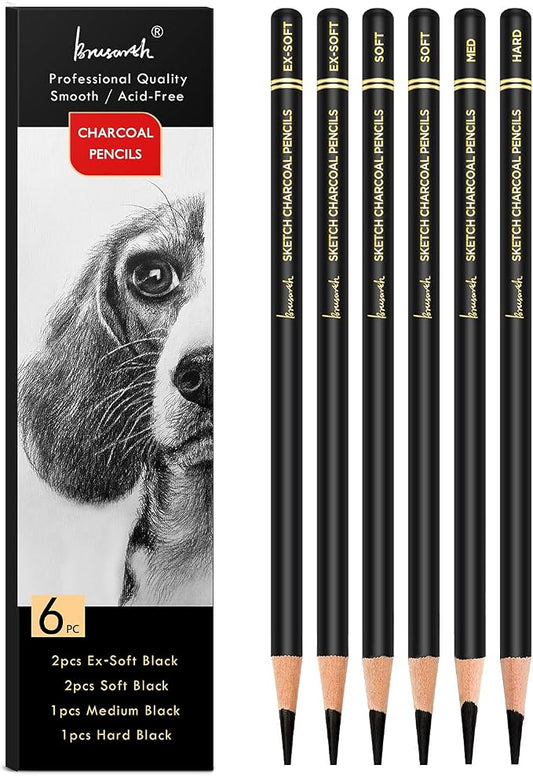 Brusarth Professional Charcoal Pencils Drawing Set - 6 Pieces Soft Medium and Hard Charcoal Pencils for Drawing, Sketching, Shading
