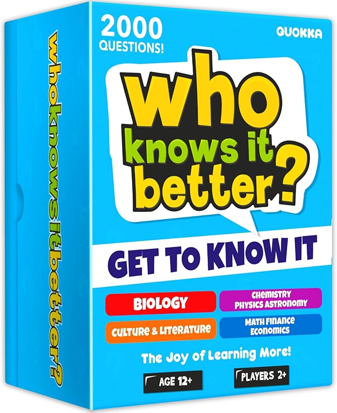QUOKKA Board Games for Kids 8-12 – Set of 4 Family Card Games for Kids and Adults – Trivia Cards for Family Game Night – Who Knows It Better – 2000+ Questions Across Biology, Culture, STEM and Math