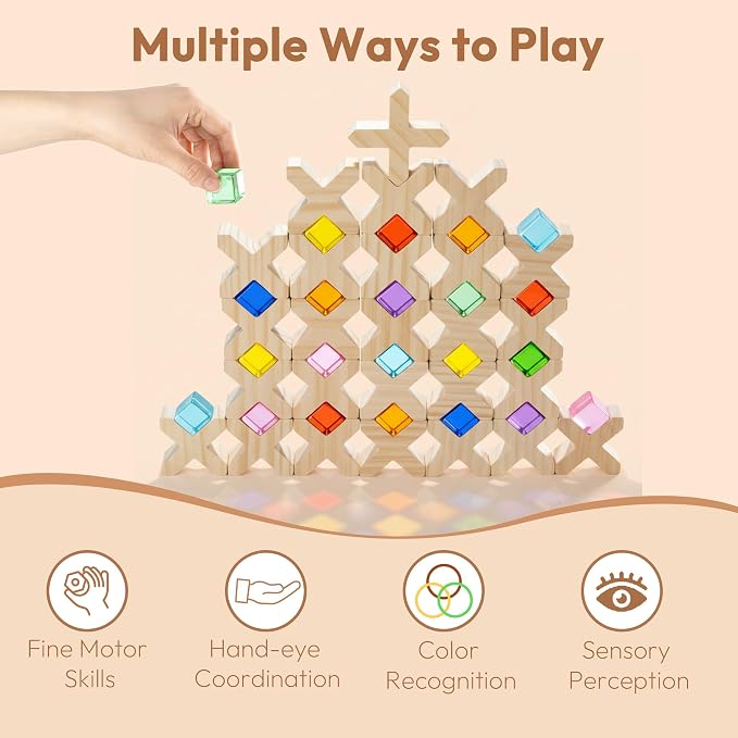 Woodtoe Wooden Building Blocks for Kids, 48 PCS Rainbow Acrylic Gem Cubes Blocks - 32 Wooden Blocks, Montessori Stacking Toy for Toddlers, Educational STEM Learning Sensory Toy Gifts for Boy Girl 3-6