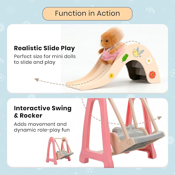 Family Dollhouse Accessories — Mini Playground Set with Swing & Slide, Rocking Horse, Soccer Goals, Screen-Free Add-On — Miniature Dollhouse Playset for Ages 3+
