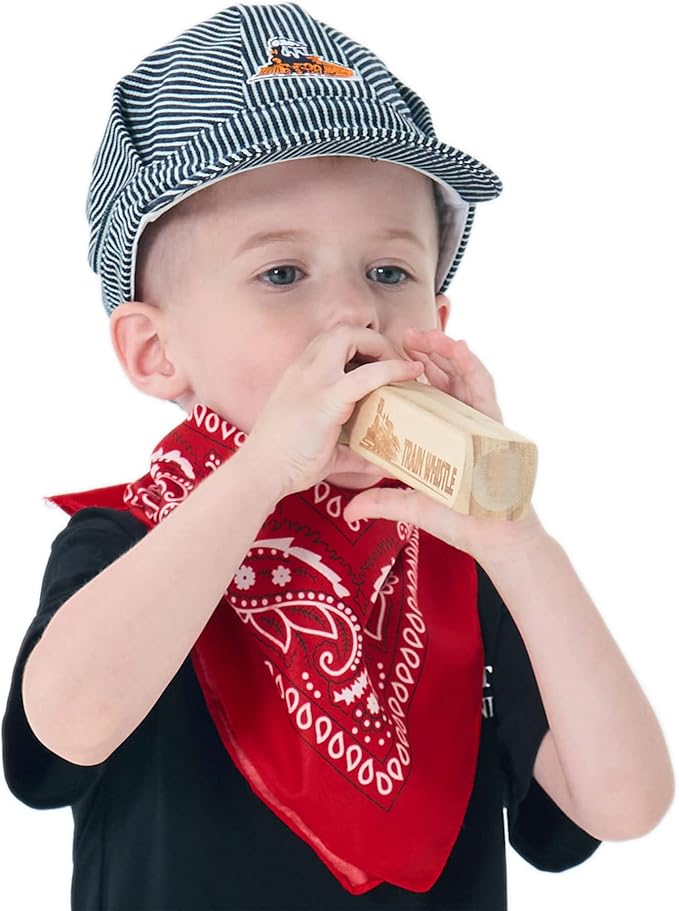 Conductor Hat+Wooden Train Whistle+Paisley Bandanna (3 in 1) Engineer Cap Adjustable Train Conductor Dress Up Kit for Kids Red