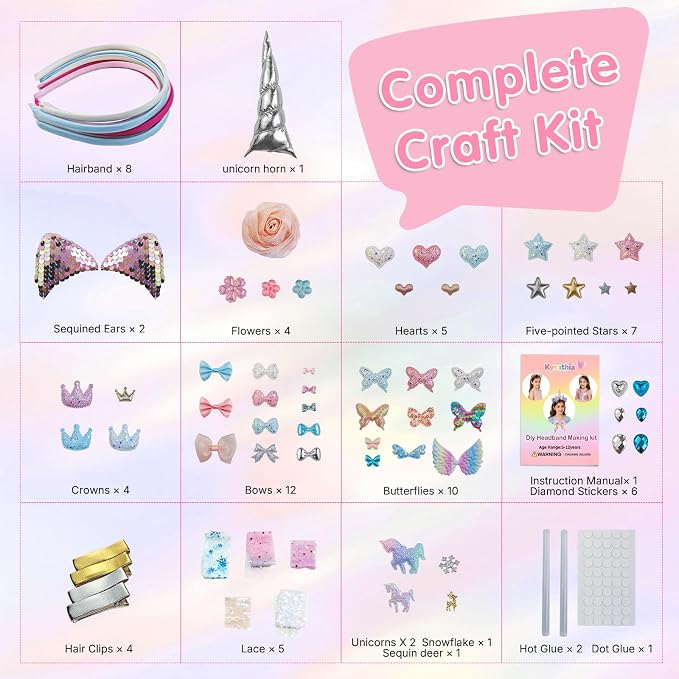 kyrathia DIY Headband Making Kit, Hair Accessories for Girls, Arts and Crafts for Kids Ages 6-8, Make Your Own Unicorn Headband Kit,Birthday Gifts for 5 6 7 8-12 Year Old Girl