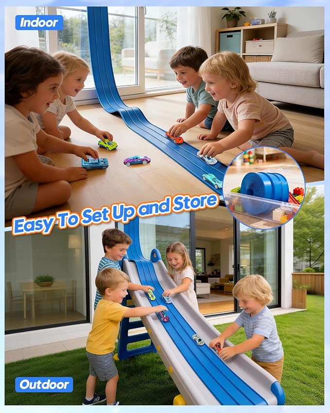 3-Lane Flex Track 15 Ft Flex Race Car Track with 6 Toy Cars,Portable DIY Racetrack Compatible Diecast 1/64th Cars for Ages 3 Up,Birthday Gifts for Boys (Dark Blue-2)