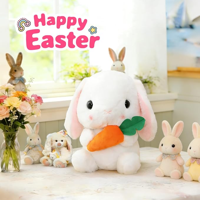 HOUPU Soft Toy - Sitting Lop Eared Rabbit, Easter White Rabbit Stuffed Bunny Animal with Carrot Soft Lovely Realistic Long-Eared Standing Pink Plush Toys (White-Carrot,16.9in/43cm)