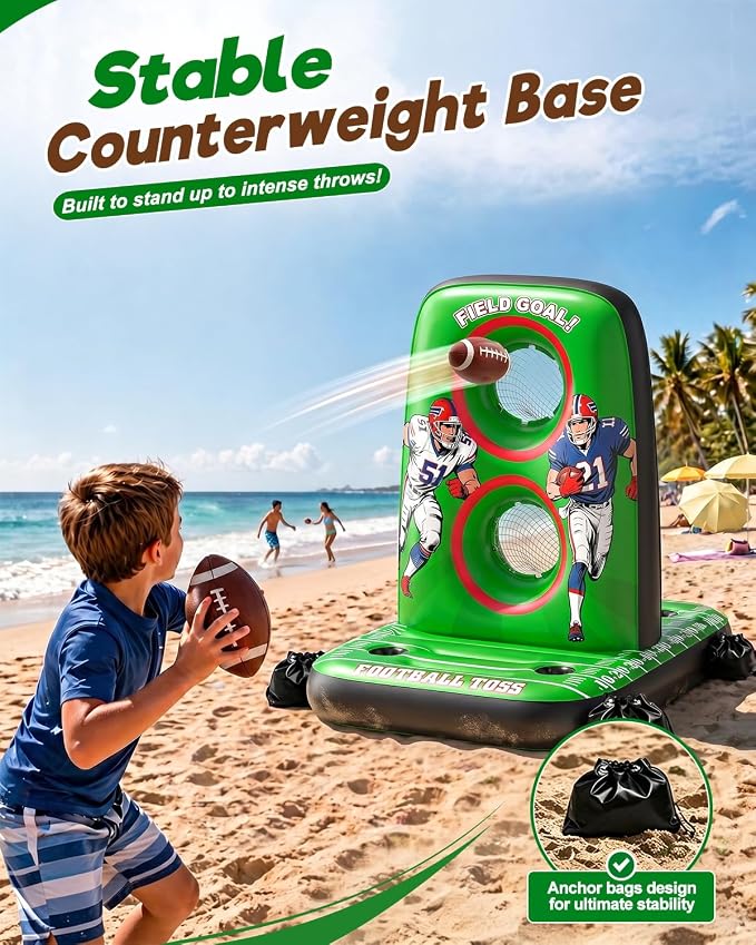 Inflatable Football Toss Game for Pool Floating Water Football Target with 4 Balls & 2 Pumps, Stable Base Outdoor Backyard & Beach Games Summer Pool Party Game for Kids, Teen & Adults