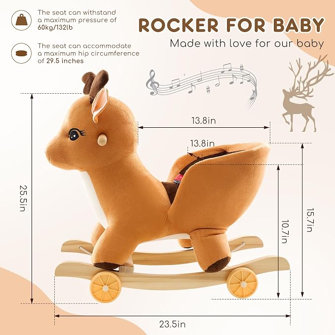 Toddler Rocking Horse Ride-on Toy 2-in-1 Convertible Rocker Pull Cart with Detachable Wheels, Music Player Safety Belt, Early Learning Baby Ride on Birthday Gift for 1-3 Year Old Boys Girls