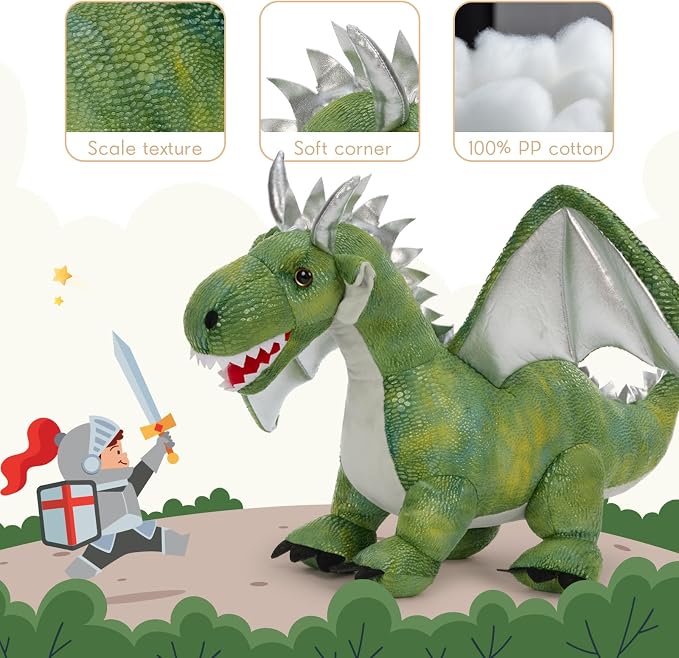 Giant Dragon Plush Toy, 24 Inch Soft Large Drgon Stuffed Animal for Kids Boys Girls, Green Dinosaur Plushies as Christmas Birthday Gift