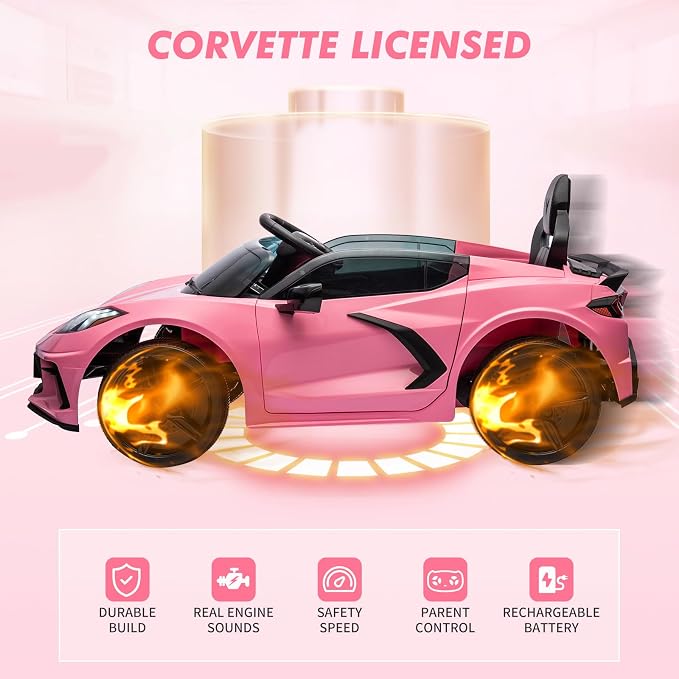 Garvee 12V Kids Ride on Car Licensed Corvette Toddlers Electric Sports Car Ride on Toy with Remote Control, Visual Dashboard, LED Lights, Music for Boys & Girls, Pink