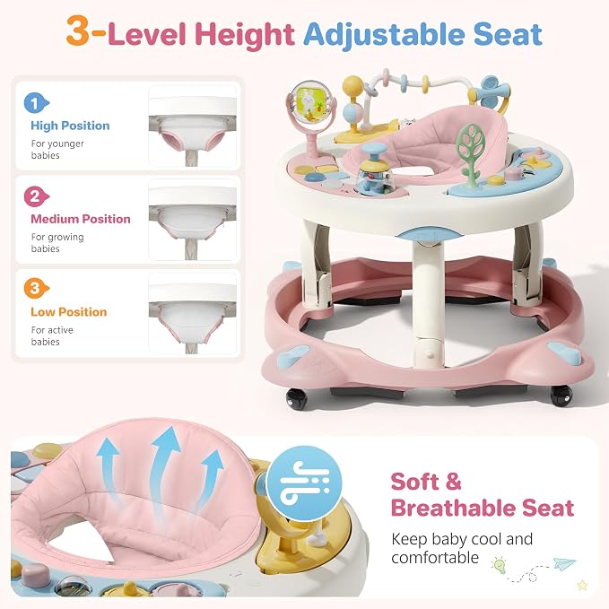 Baby Walker with Wheels, Foldable Baby Walker for Baby 6-12 Months, 3-Position Rotating Seat with Interactive Activity Center, Music Buttons, Baby Walkers for Boys Girls(Pink)