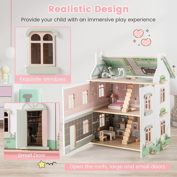 HONEY JOY Doll House, 3-Story Wooden Dollhouse Playset w/Double-Sided Roofs, 5 Rooms, 19 Accessories & Miniature Furniture, Pretend Play Toddler Big Doll House, Gift for Kids Aged 3+ (Pink, 2.2 FT)