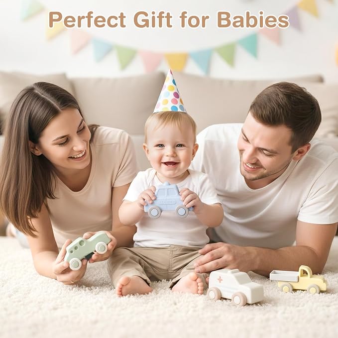 Vanplay Silicone Baby Car Toys with Storage Box - Soft Teething Toys for Babies 6-12 Months, Push & Pull Baby Toys for Toddlers, Birthday Gifts for Boys Girls（4 PCS）
