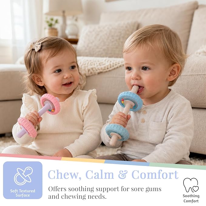 2 Pack Baby Teething Toys for 3-6 Months, Dumbbell Teether for Babies 6-12 Months, Silicone Baby Teether Toys with Textured Chew Surfaces, Rattle Baby Chew Toy for Infants (Blue & Pink)