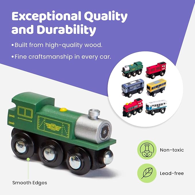 Maxim Enterprise 6-Piece Wooden Train Car Set – Classic Rolling Locomotive/Train Engines Compatible with Thomas Wooden Railway, Brio & Other Major Brand Wooden Trains