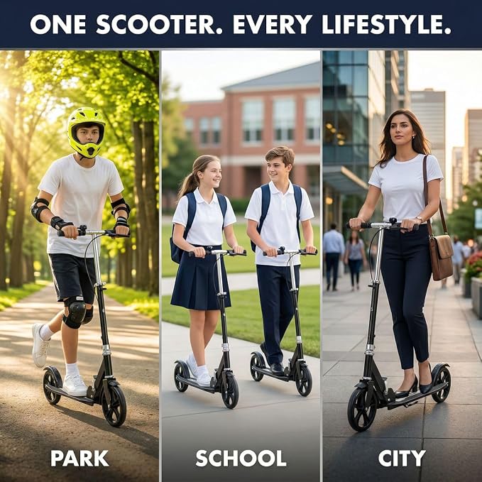 Non-Electric Scooters for Kids 8-12, Teens & Adults - Foldable Commuter Scooter with 8" Wheels, Bell, Hand Brake & Adjustable Height 30"-40.5", 220LB Capacity, Manual Push Scooter for Campus & Park