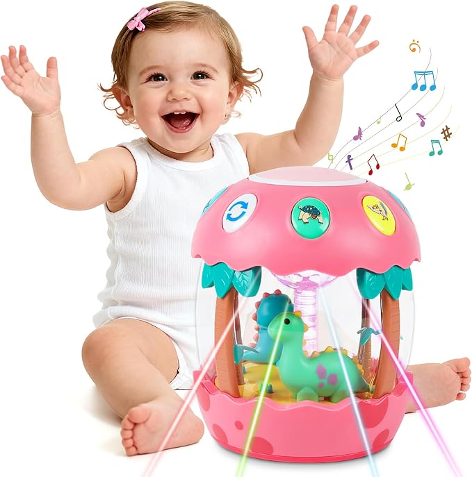 M SANMERSEN Baby Girl Toys, Dinosaur Rotating Light Up Musical Baby Toys for 12-18 Months Newborn Infant Crawling Tummy Time Toys, Birthday Easter Gifts for Baby Girls- Pink
