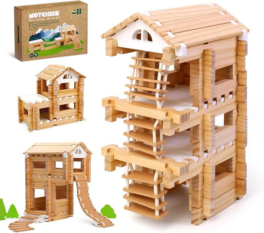 Jovi-mindly＆Notchies 96 PCS Wooden Blocks Wooden Toys with Storage Bag, Preschool Learning Toys Wood Blocks Building for Kids Ages 4-8 Creative Construction Game,FSC Certified,Birthday Toys Gifts