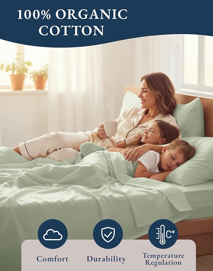 LANE LINEN Twin XL Sheets 100% Organic Cotton 3pc Percale Cooling - Mineral | Twin XL Sheets In GOTS Certified Organic Cotton Percale - Crisp Cool Percale Weave, Great For Gifting, For Hot Sleepers