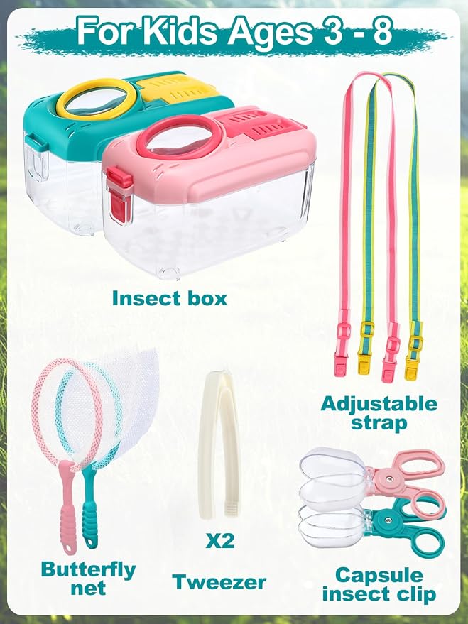 2Sets Bug Catcher for Kids - Sturdy Kids Bug Catching Kit Gifts with Collector Butterfly Net Tweezer, Bugs Habitat Outdoor Explorer Kit for Age 3 4 5 6 7 8, 8Pcs, Pink & Blue