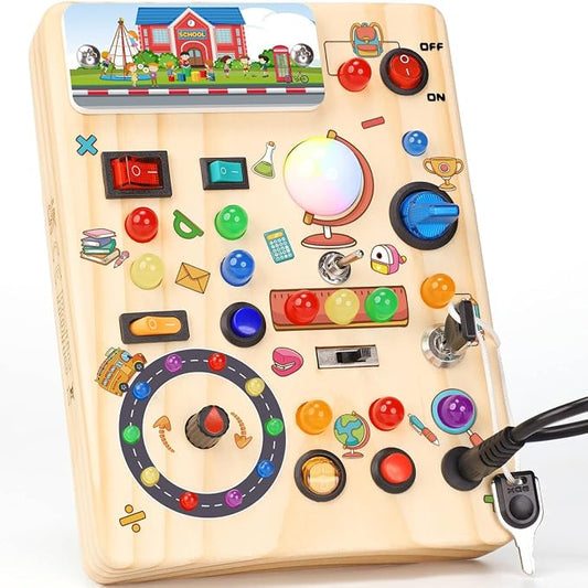 RichBoy Montessori Toy Busy Board for 1-3 Year Old Toddlers, 37-in-1 Sensory Toy with 24 LED Lights, Educational Travel Toy for Airplane Car Rides, First Birthday for Boys Girls (School 6.7" X 5.3")