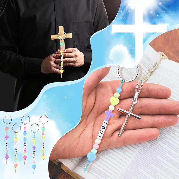 Landical 564 Pcs DIY Cross Bead Keychain Kit Christian Crafts Adjustable Name Letter Beads Cross Charm String Religious Church Gift Jewelry Vbs Backpack Accessories Holiday Party Favor(Cream Color)