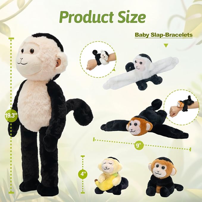 OUOZZZ Monkey Stuffed Animal 5 PCS, 19.3″ Huggable Mama and Babies Slap-Bracelet