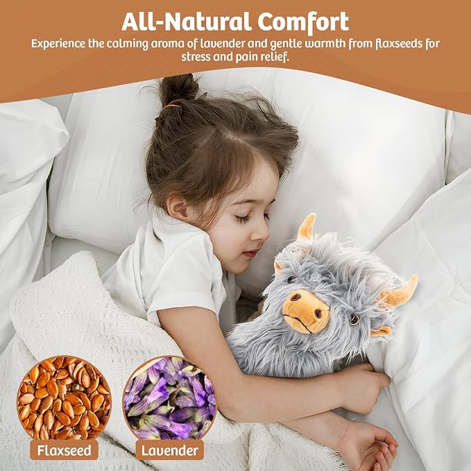 Marysun Highland Cow Stuffed Animal Toy, Gray Microwavable Highland Cow Gift for Girls and Kids, 9.8in, 1.65lb