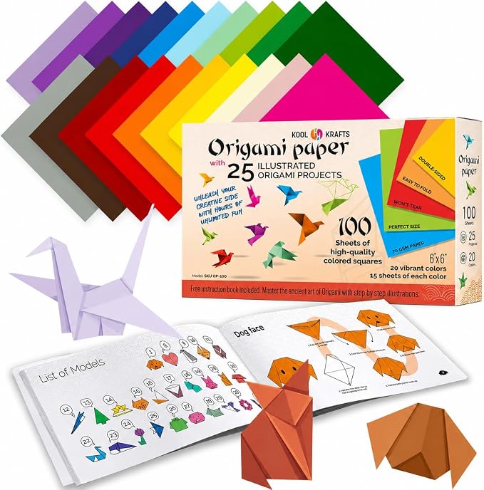 Origami Paper - 100 Origami Paper Kit - Set Includes, 100 Sheets 20 Colors 6x6, Origami Book 25 Easy Colored Projects, Kids Crafts, Christmas Gifts for boys 8-12