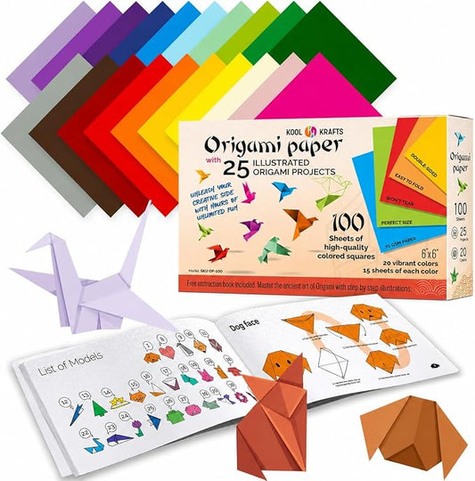 Origami Paper - 100 Origami Paper Kit - Set Includes, 100 Sheets 20 Colors 6x6, Origami Book 25 Easy Colored Projects, Kids Crafts, Christmas Gifts for boys 8-12