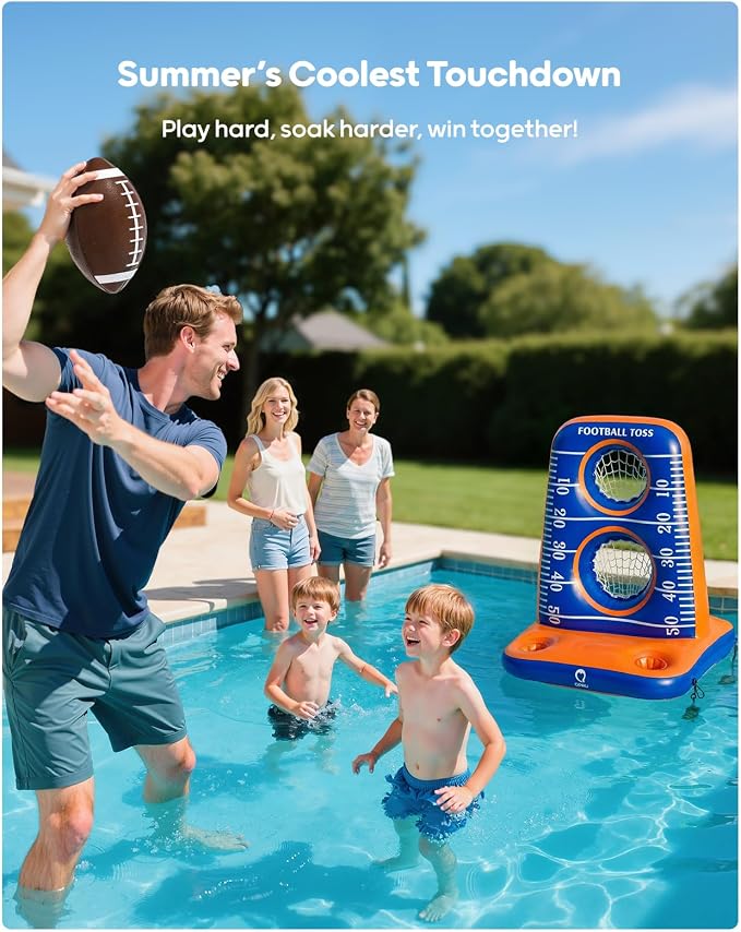 QPAU Inflatable Football Toss Game for Pool – Water Football Target with 4 Balls & 2 Pumps, Dual Net Design, Stable Base, Summer Pool Game for Kids & Adults (Blue+Orange)