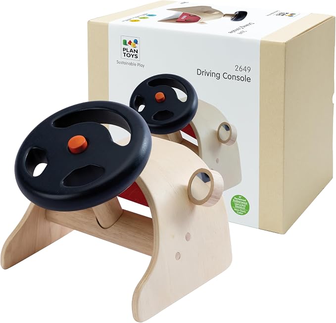 PlanToys® Wooden Driving Console | Montessori Pretend Play Dashboard with Steering Wheel, Gear Shift & Controls for Role Play, Coordination & Imaginative Play | Eco Friendly Wooden Play Toy