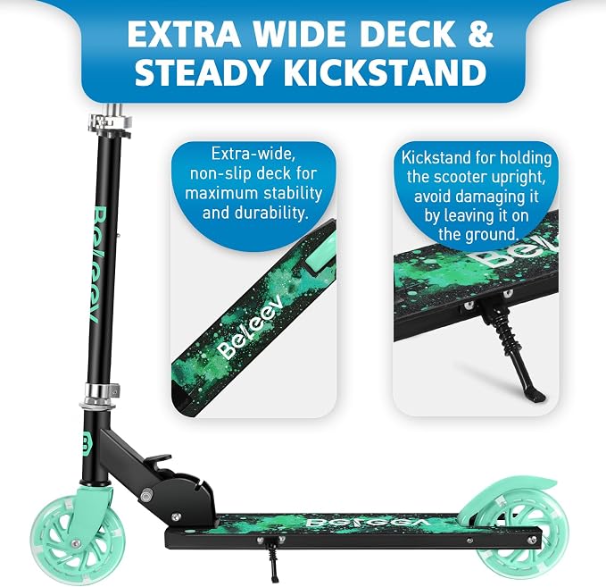 BELEEV V1 Scooters for Kids, 2 Wheel Folding Kick Scooter for Girls Boys, 3 Adjustable Height, Light Up Wheels, Lightweight Scooter with Sturdy Frame, Kickstand for Children 3 to 12 Years Old