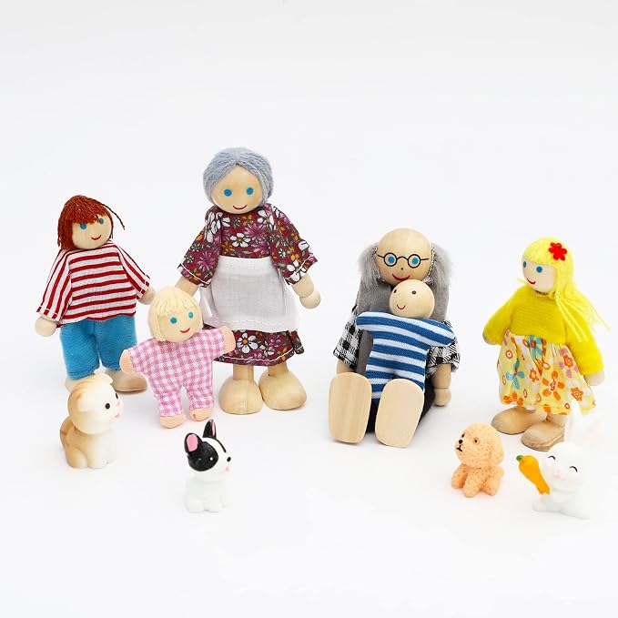 ONEST 15 Pieces Wooden Dollhouse Family Set Mini People Figures Sets Dollhouse Dolls Wooden Doll Family Pretend Play Figures Accessories for Pretend Doll House Toy