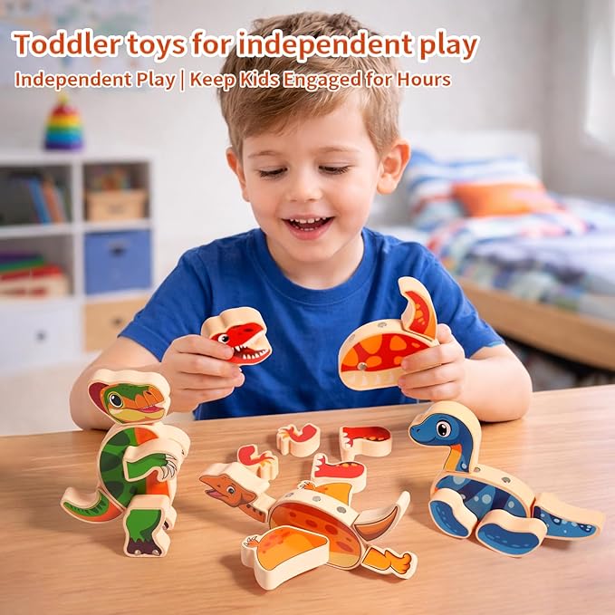 INIFEIDALA Magnetic Wooden Dinosaur Building Blocks,Take Apart STEM Montessori Educational Toy,Fine Motor Skills Development Ages 3-6,Hand-Eye Coordination