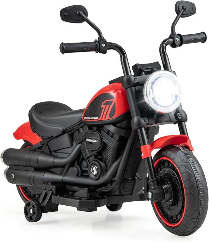 Costzon Toddler Motorcycle, 6V Battery Powered Electric Motorcycle with Detachable Training Wheels, Soft Start, Headlights & Music, Kids Motorcycle Ride on Toy for Toddlers Boys Girls 18+ Months (Red)