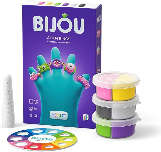HEY CLAY Bijou - Clay Kit for Accessories Creation - Air Dry Clay with Tools and Fun Interactive App for Kids 3+ (Alien Rings)