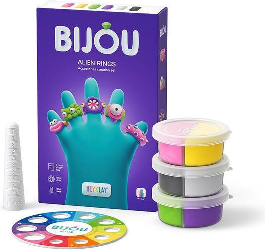 HEY CLAY Bijou - Clay Kit for Accessories Creation - Air Dry Clay with Tools and Fun Interactive App for Kids 3+ (Alien Rings)