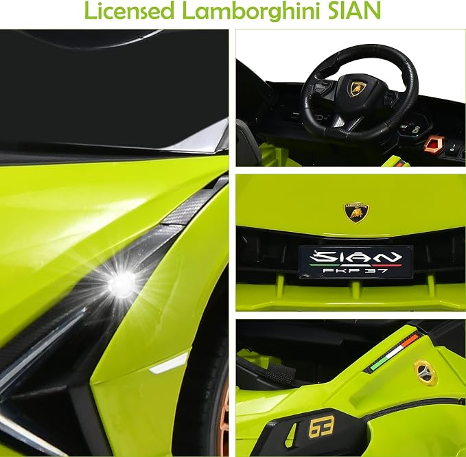 OLAKIDS Kids 12V Licensed Lamborghini SIAN Ride On Car, Electric Vehicle for Toddler with Control Remote, Battery Powered Toy with Music, Horn, 2 Speeds, Suspension, LED Lights, Bluetooth, USB (Green)