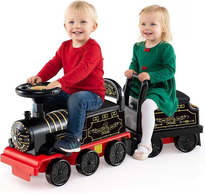 OLAKIDS 6V 2-Seater Ride on Train with Carriage, Storage, Train Whistle, Music, Lights for 18 Months+ (2 Seaters, Retro)